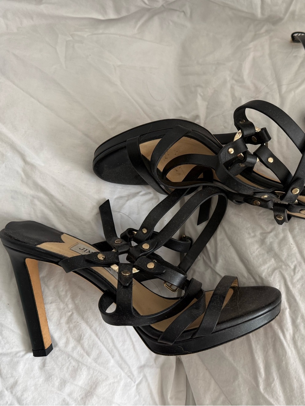 Jimmy Choo Black Strappy Platform High Heels with Gold Studs